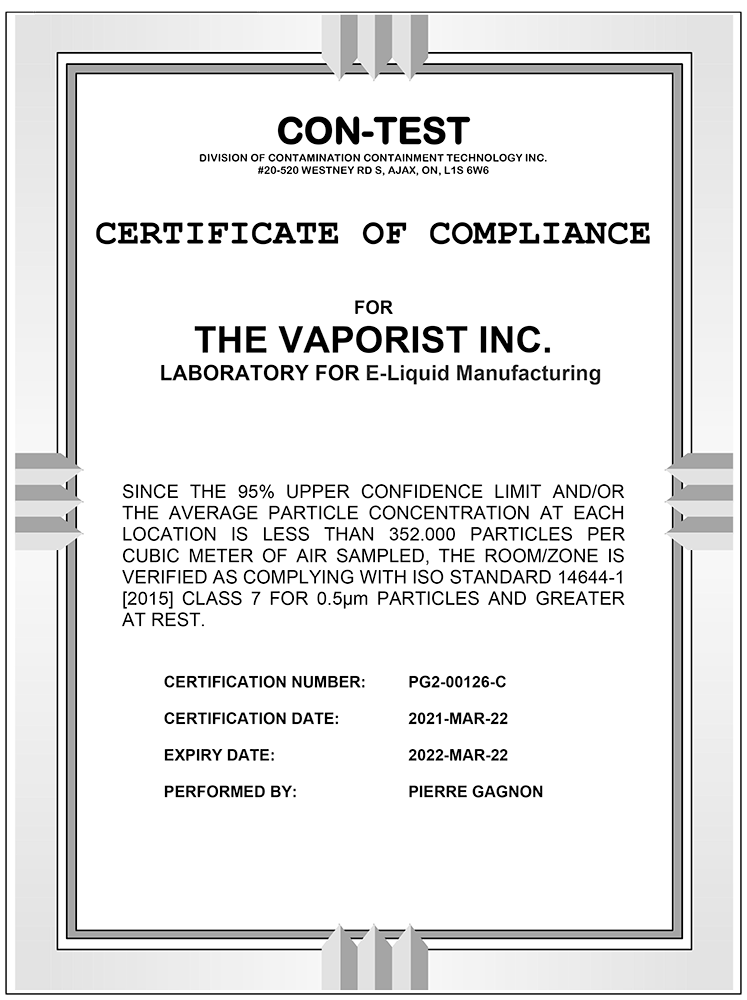 The Vaporist Inc Lab Certificate Report ISO 7 Manufacturing